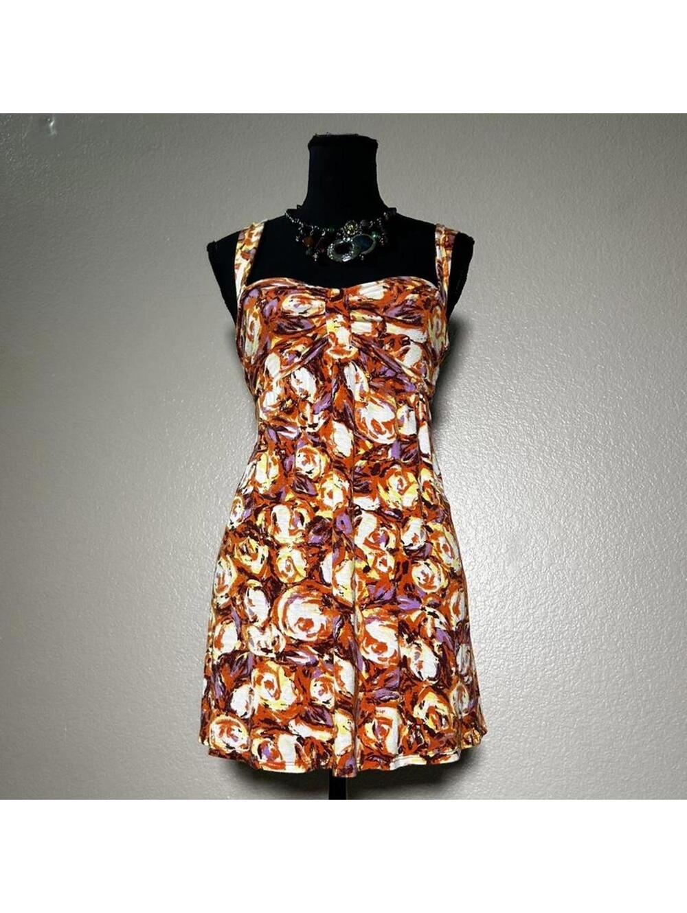 Y2K Orange Boho Floral Mini Dress Retro Summer Babydoll Cami
